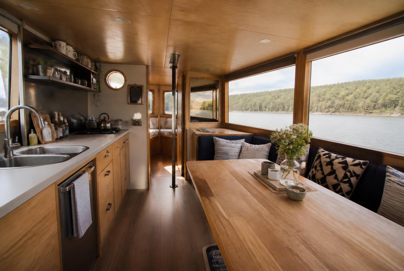 Innenraum eines Hausboots mit Holztisch, Küchenzeile und Panoramafenstern